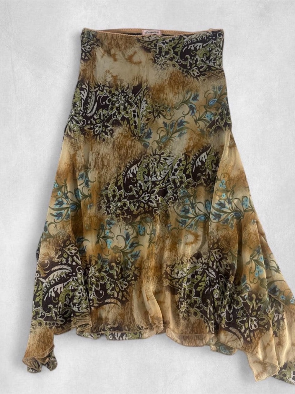 Papaya Asymmetrical Paisley Skirt in Brown, Tan & Teal